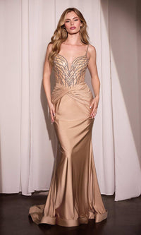 Nude Gold Ladivine Long Formal Dress CD779