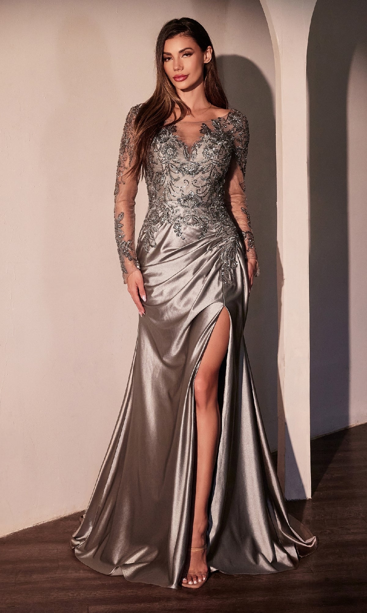 Graphite Silver Ladivine Long Formal Dress CDS505
