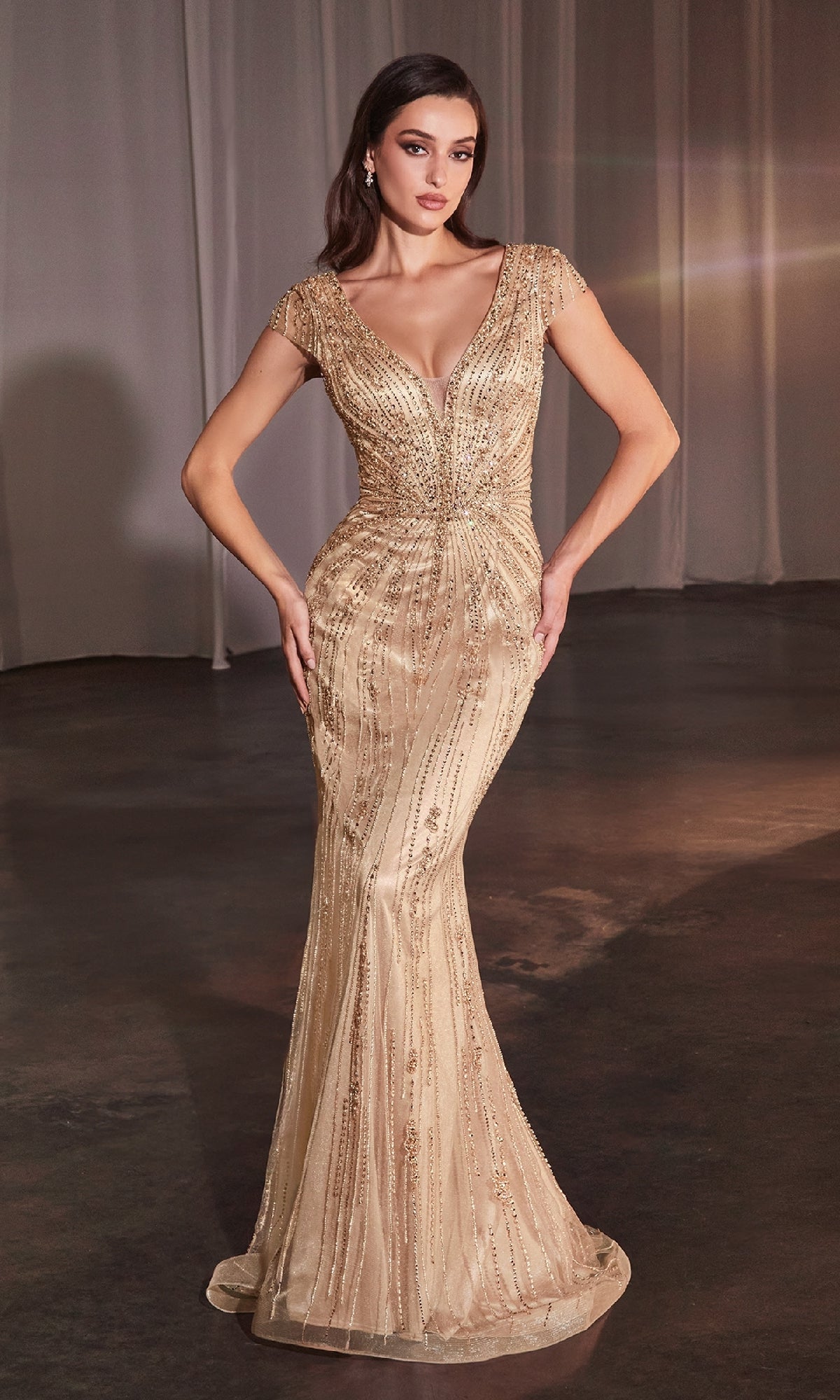 Gold Ladivine Long Formal Dress CZ0029
