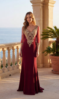 Burgundy/Gold Chicas Long Formal Dress DM4020
