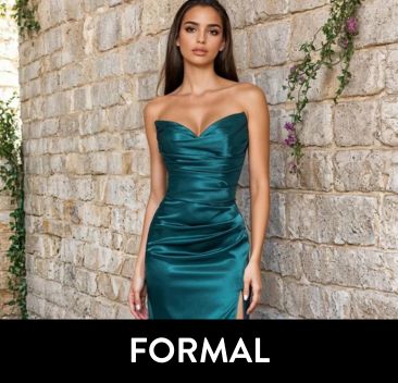 Woman in a teal strapless dress standing against a stone wall with the word 'FORMAL' at the bottom.