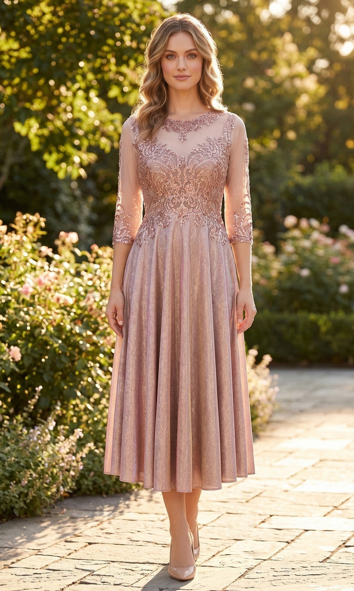 Rose Gold Chicas Midi Wedding Guest Dress J040