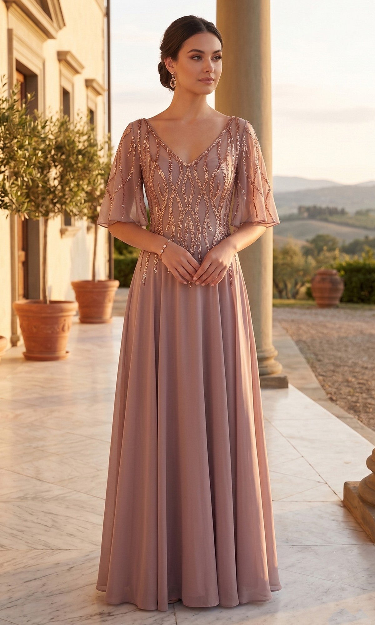 Mocha/Gold Chicas Long Mother of the Bride Dress J064