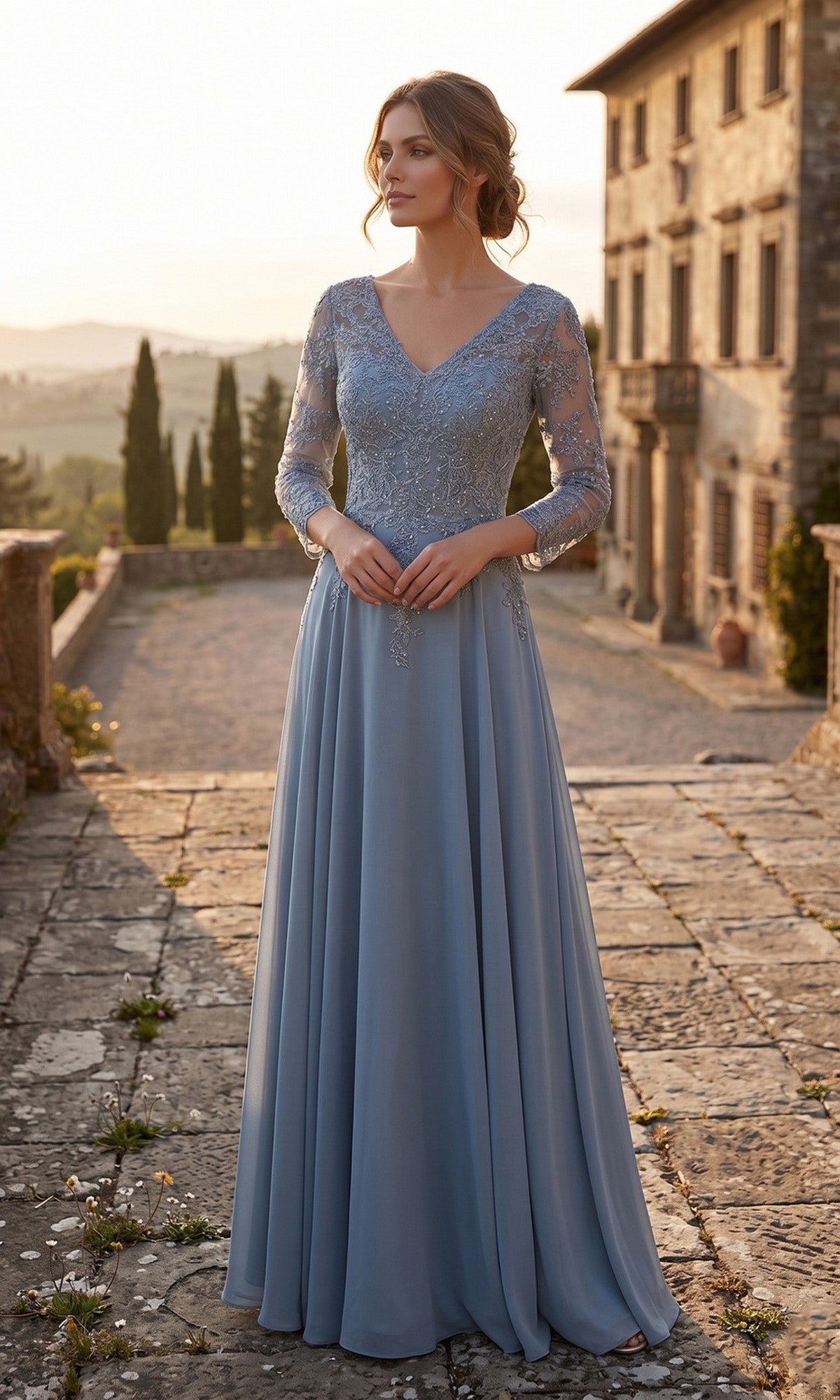 Slate Blue Chicas Long Mother of the Bride Dress J070