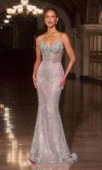 Silver/Nude Ladivine Long Formal Dress J903 - Image