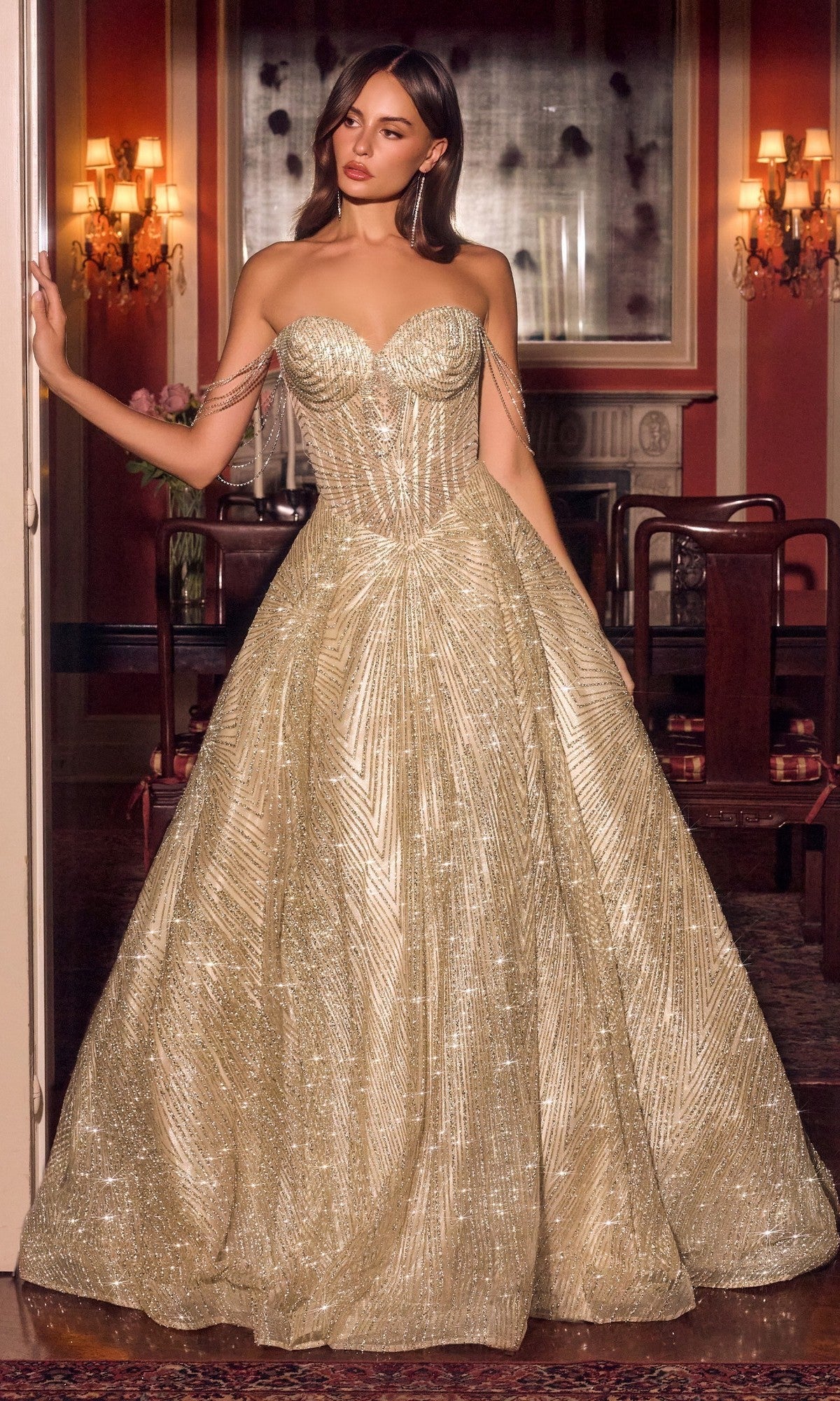 Gold Ladivine Long Prom Dress J915