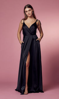 Black Shoulder-Tie Long Prom Dress with Pockets