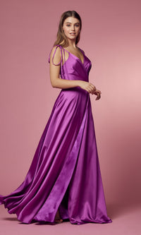 Magenta Shoulder-Tie Long Prom Dress with Pockets