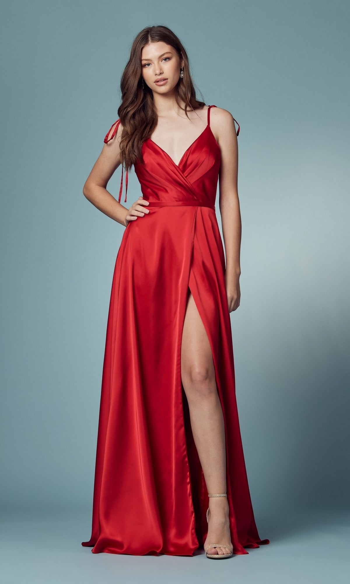 Red Shoulder-Tie Long Prom Dress with Pockets