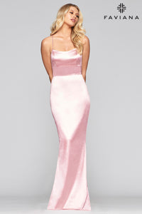Dusty Rose Scoop-Neck Satin Designer Formal Gown by Faviana