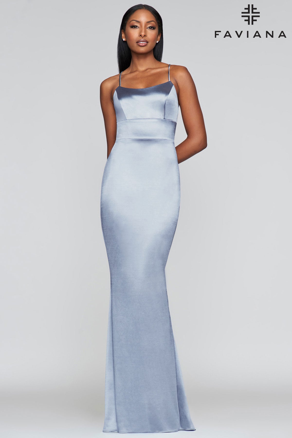 Frost Blue Scoop-Neck Satin Designer Formal Gown by Faviana