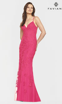 Faviana Backless Embroidered-Lace Long Prom Dress