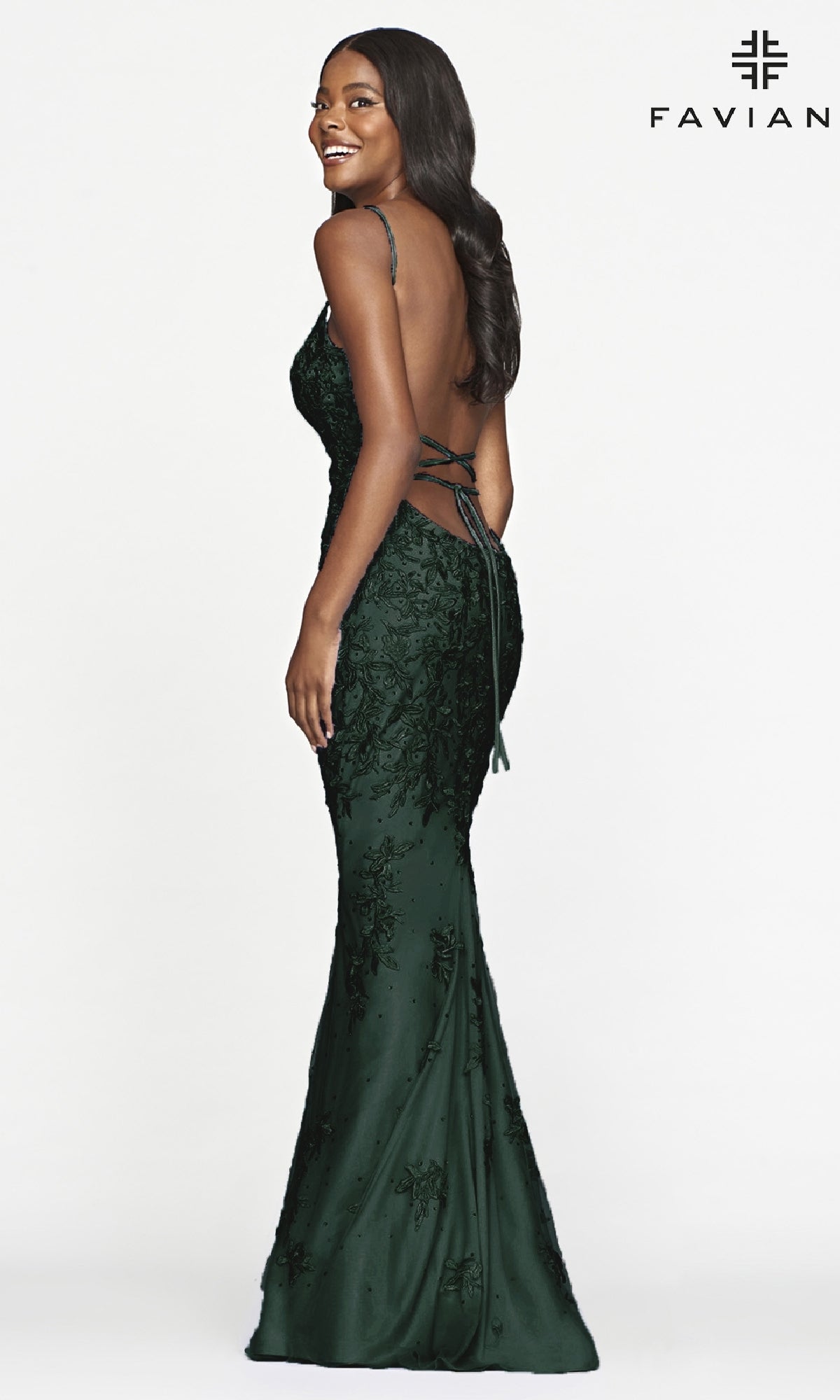Faviana Backless Embroidered-Lace Long Prom Dress