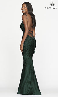 Faviana Backless Embroidered-Lace Long Prom Dress