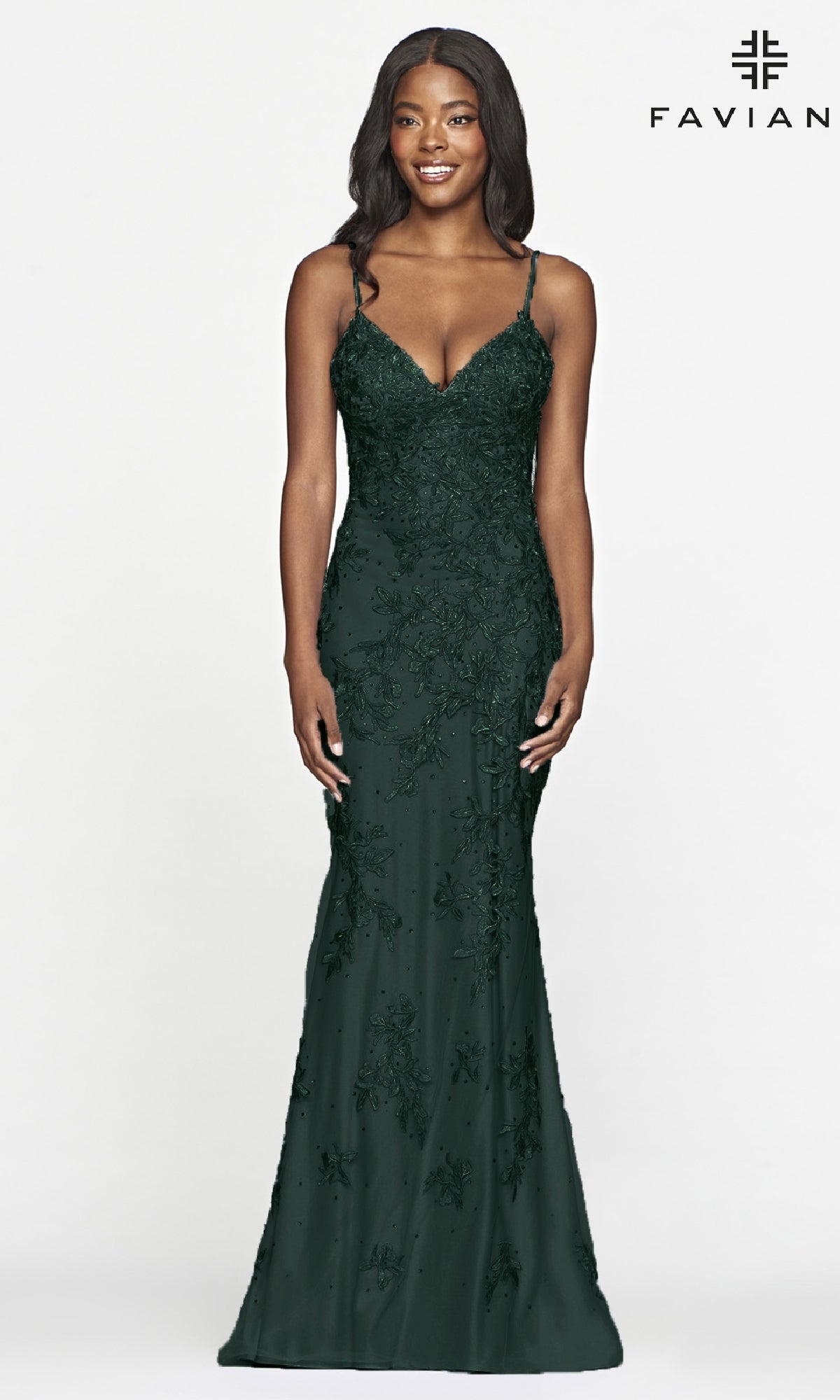  Faviana Backless Embroidered-Lace Long Prom Dress