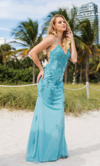 Pacific Blue Faviana Long Open-Back Light Pink Prom Gown