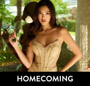 Woman in a gold dress holding a white rose with 'HOMECOMING' text overlay.