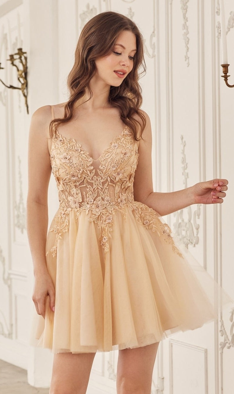 Ladivine SF047 Lace Bodice A Line Layered Tulle Short Dress, Champagne / 2XL Ladivine SF047 Lace Bodice A Line Layered Tulle Short Dress, Champagne / 2XL