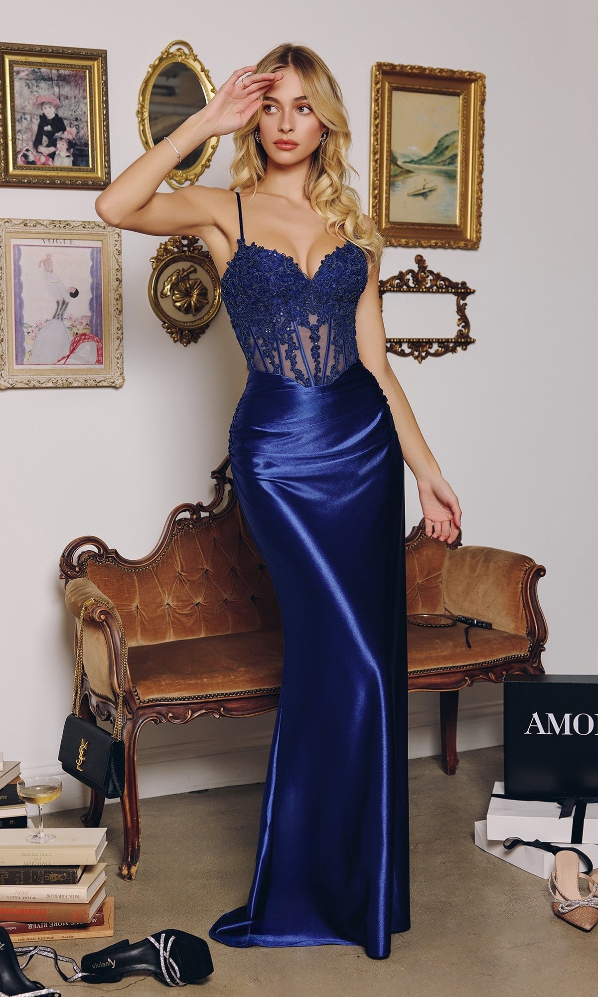 Amoris T819 Long Formal Lace Applique Corset Prom Dress