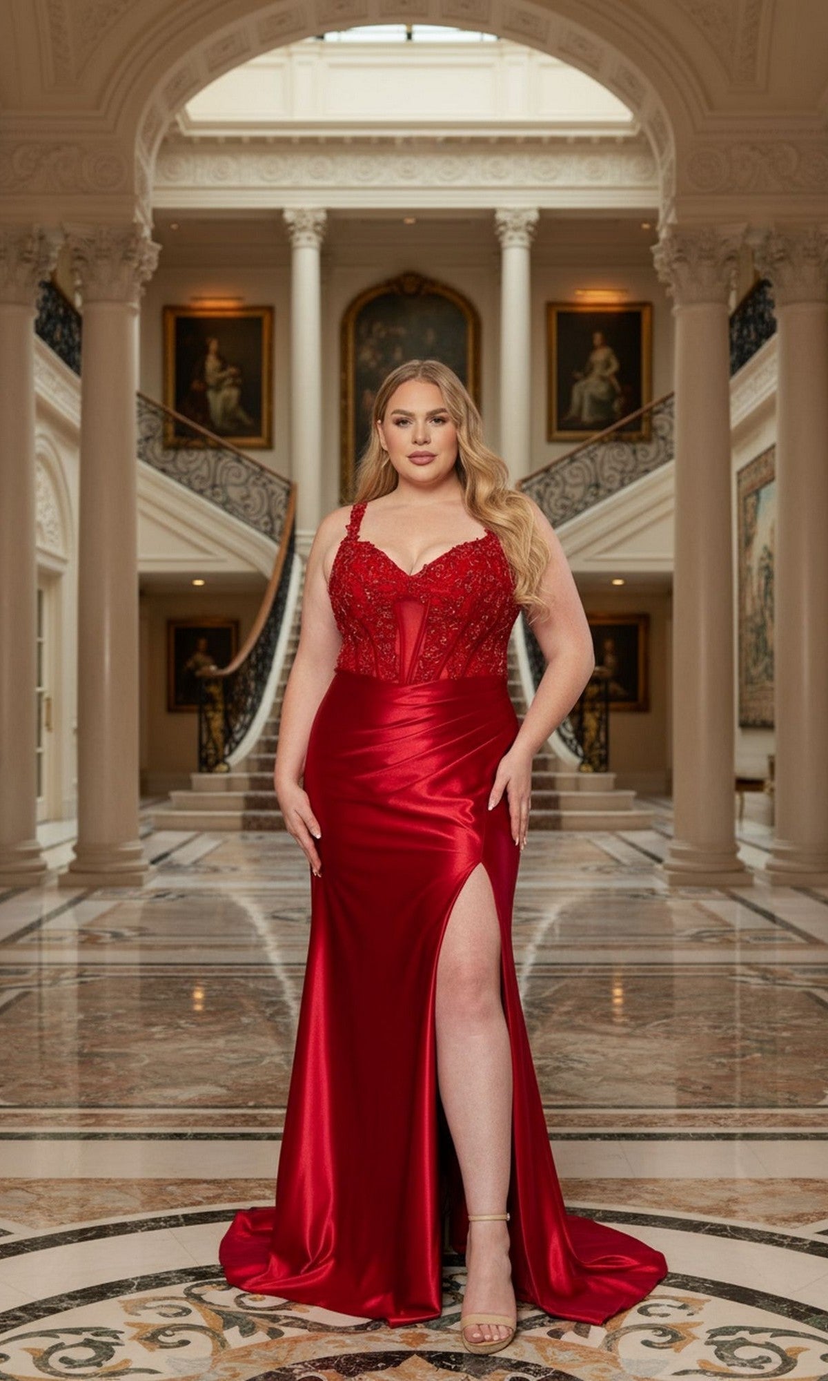 Red Wine Poly USA Plus-Size Prom Dress w1246 - Image