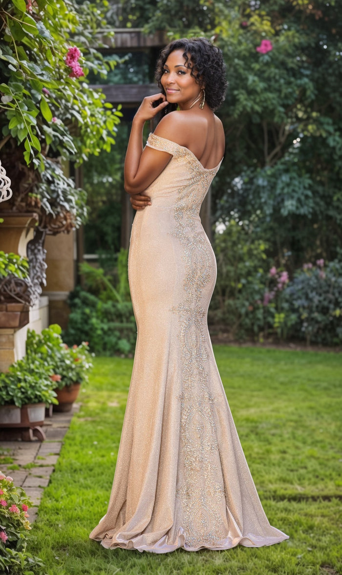  Off-The-Shoulder Long Gold Prom Dress 4333
