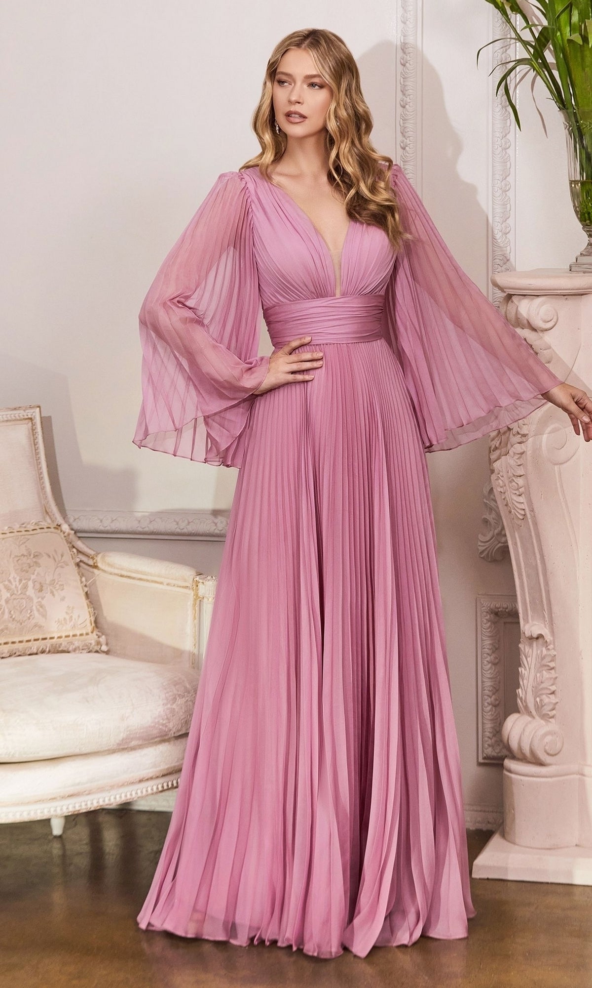 Pleated Long A-Line Formal Dress with Bell Sleeves Blossom Pink / 10 Pleated Long A-Line Formal Dress with Bell Sleeves Blossom Pink / 10