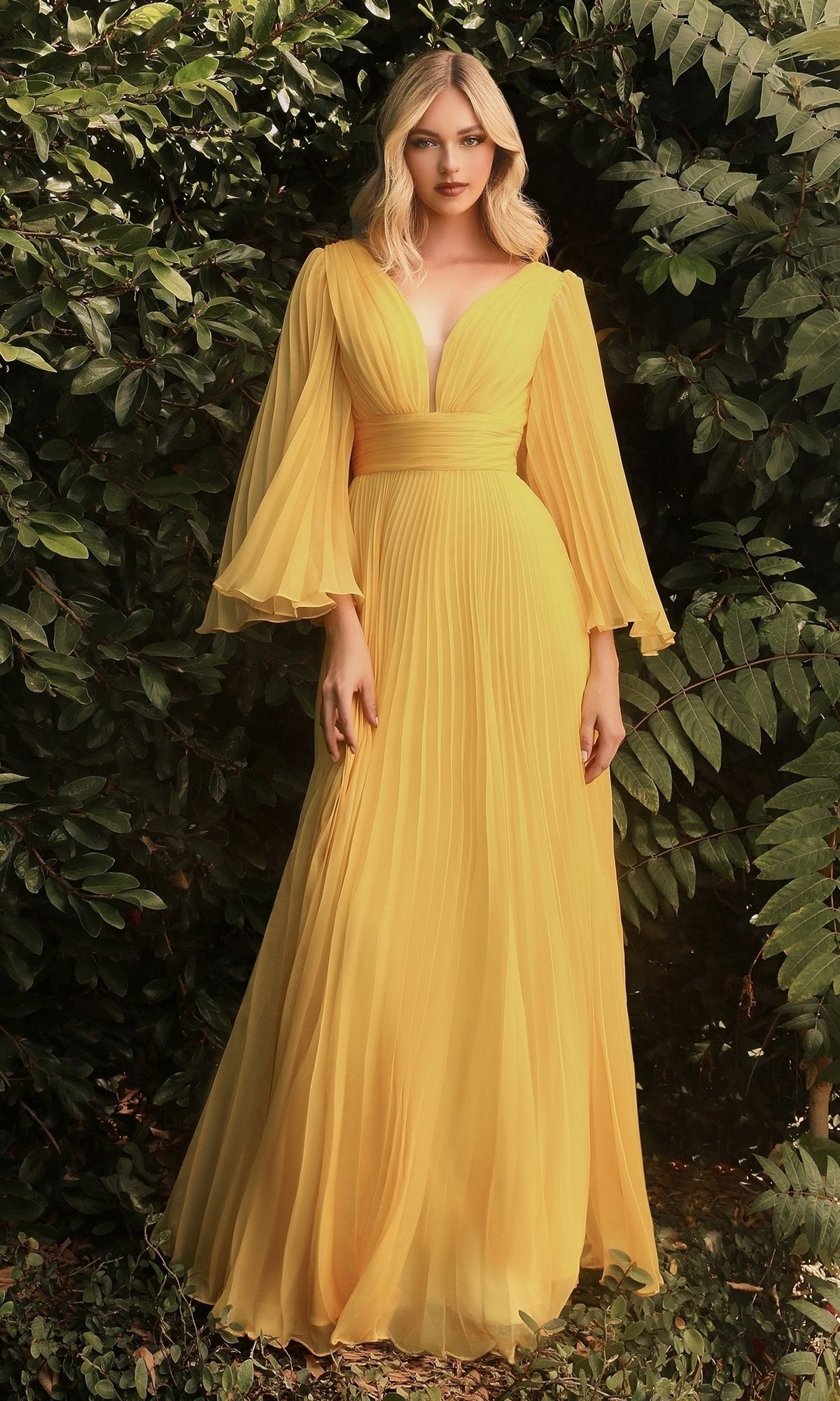 Pleated Long A-Line Formal Dress with Bell Sleeves Blossom Pink / 10 Pleated Long A-Line Formal Dress with Bell Sleeves Blossom Pink / 10