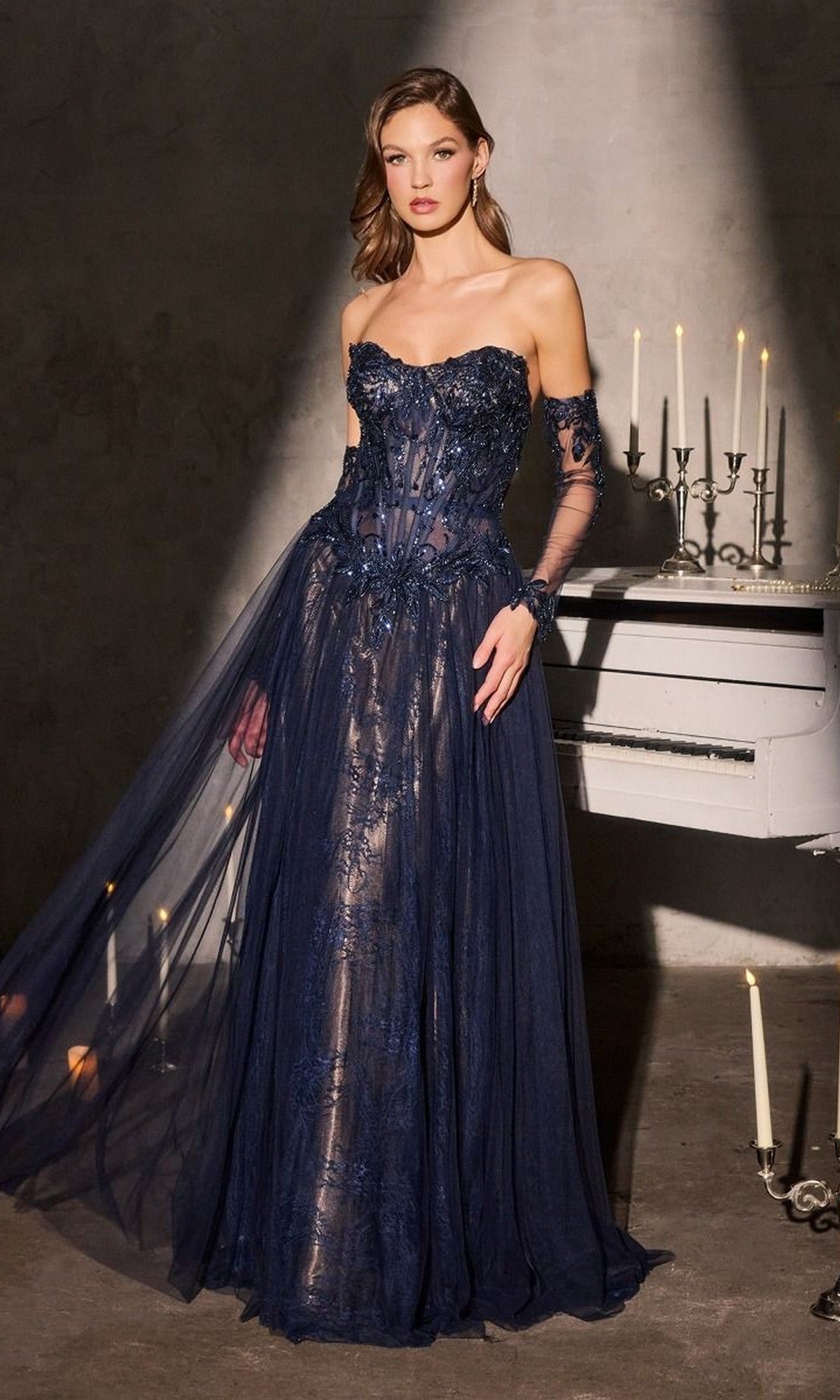 Navy Ladivine Long Formal Dress CD717 - Image