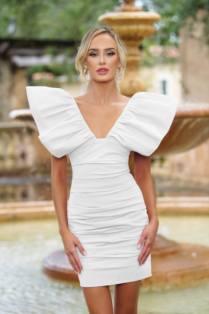 White Statement-Shoulder Ruched Tess Mini Dress
