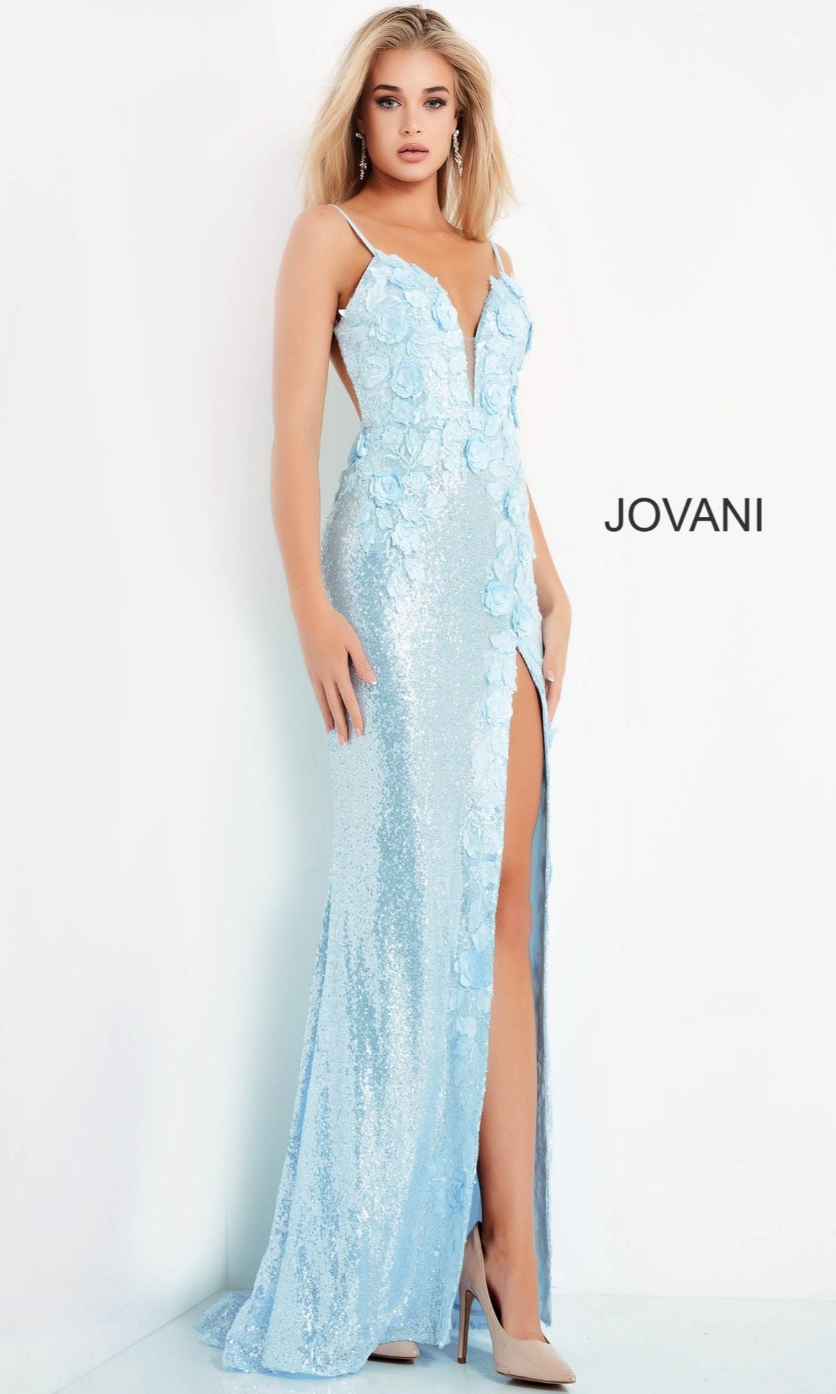 Light Blue Jovani Long Sequin Backless Prom Dress with Slit