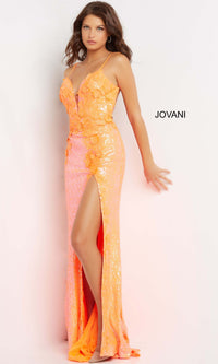 Orange Jovani Long Sequin Backless Prom Dress with Slit