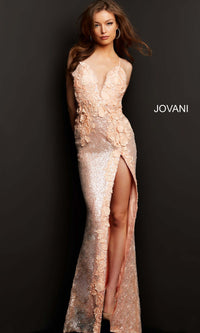 Rose Gold Jovani Long Sequin Backless Prom Dress with Slit