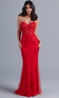 Cherry Sheer-Bodice Long Strapless Designer Prom Dress