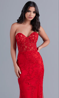  Sheer-Bodice Long Strapless Designer Prom Dress