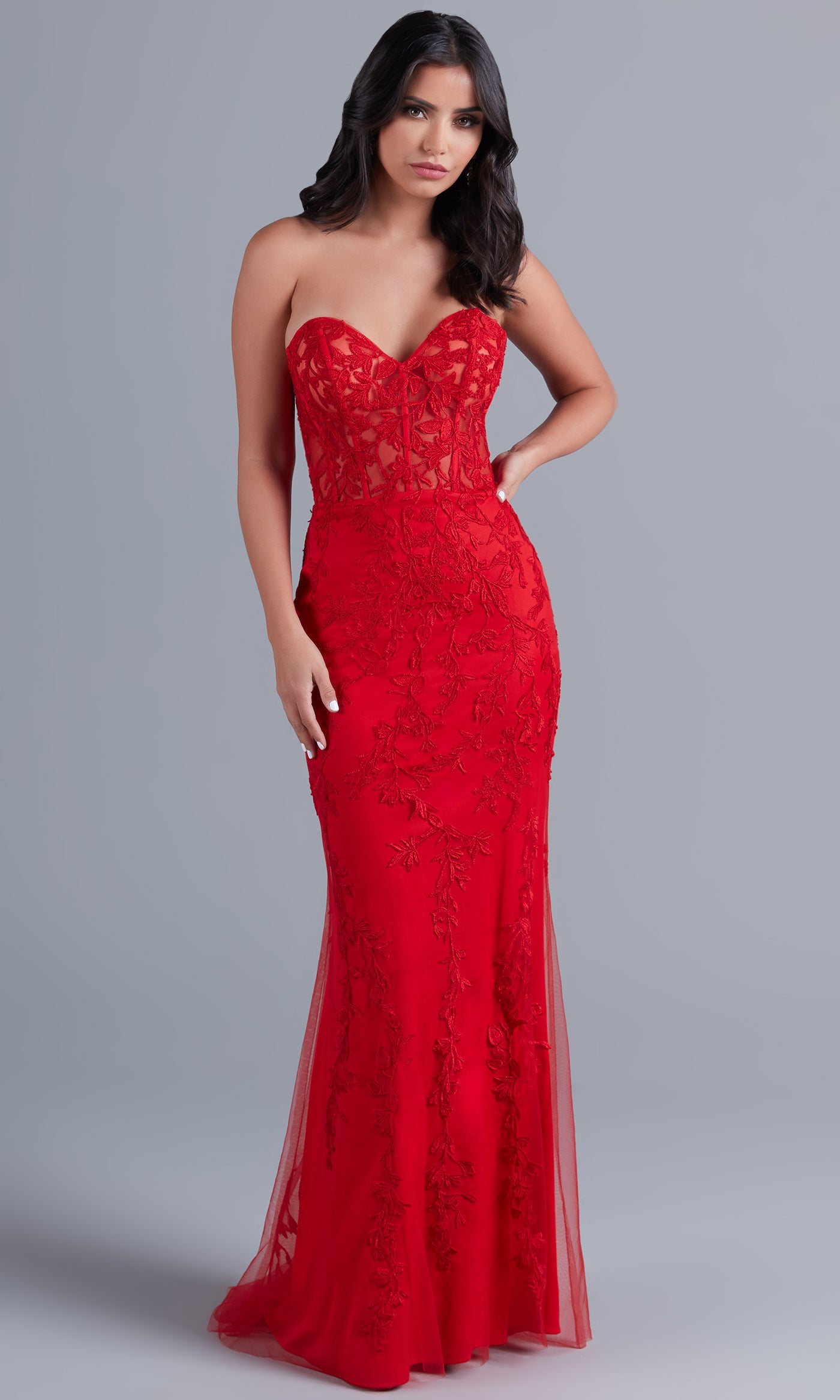  Sheer-Bodice Long Strapless Designer Prom Dress