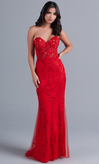 Sheer-Bodice Long Strapless Designer Prom Dress