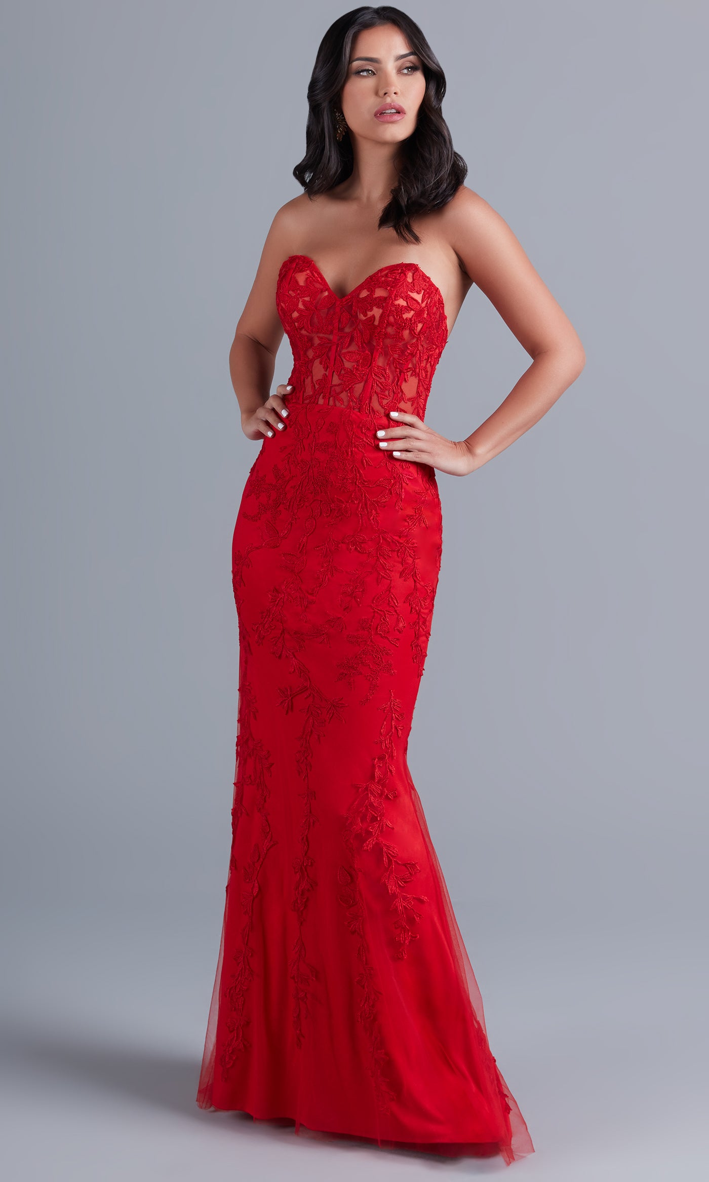  Sheer-Bodice Long Strapless Designer Prom Dress