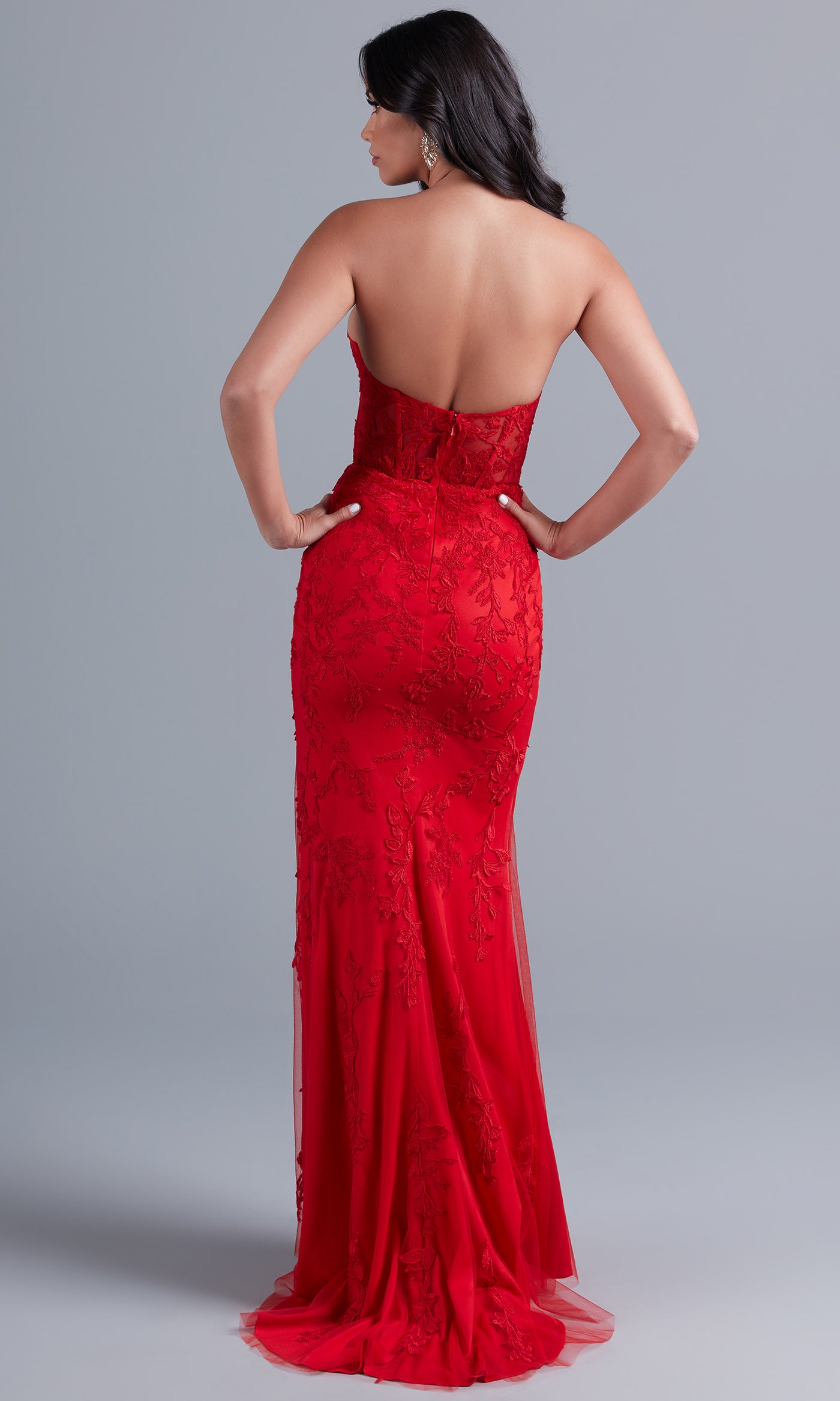  Sheer-Bodice Long Strapless Designer Prom Dress