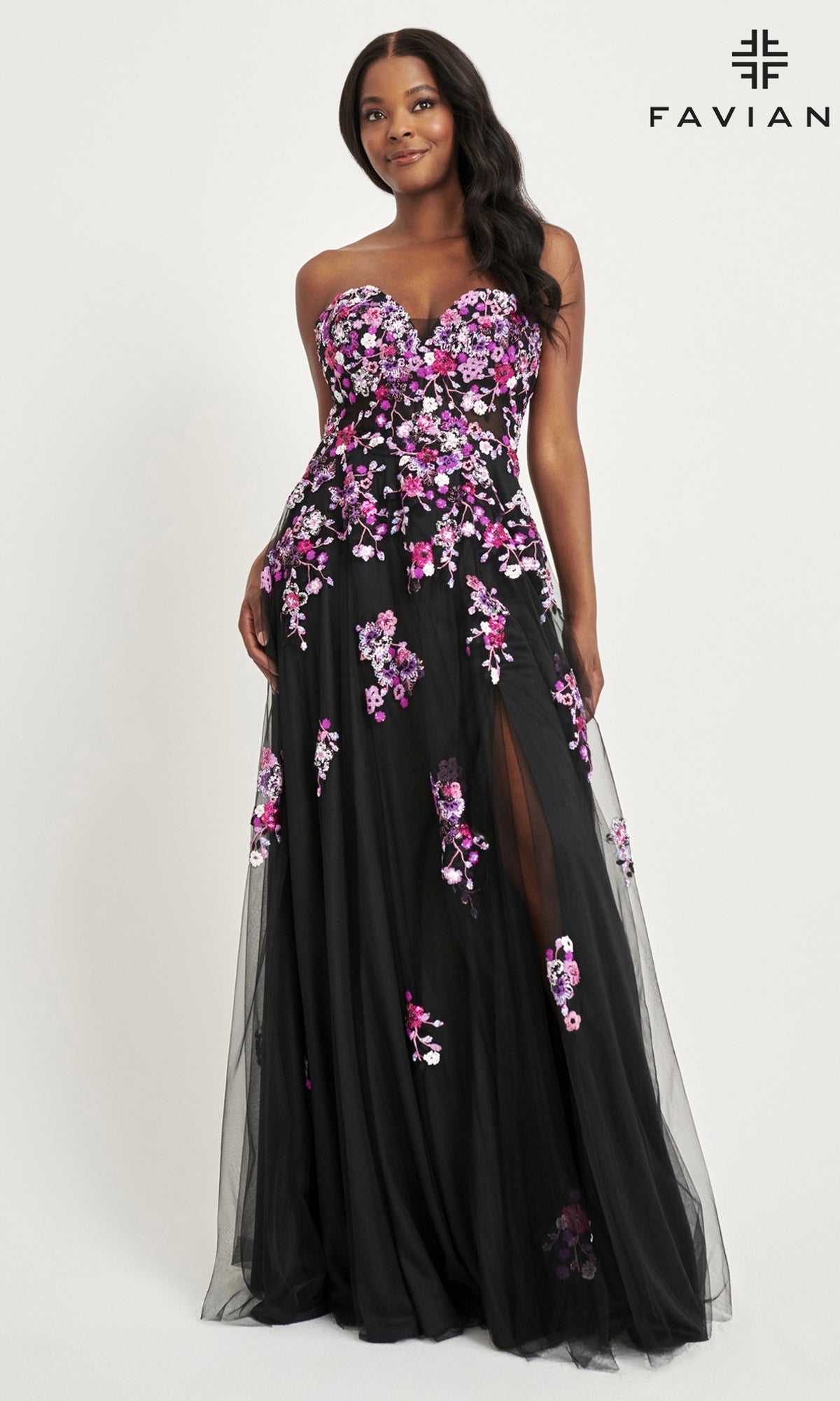 Faviana 11028 A Line Long Formal Floral Applique Prom Dress - Black Fuchsia / 6 Faviana 11028 A Line Long Formal Floral Applique Prom Dress - Black Fuchsia / 6