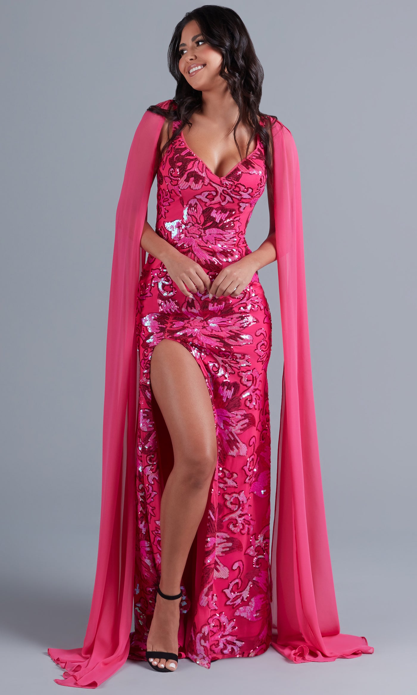  Long Sequin Formal Dress with Shoulder Capes