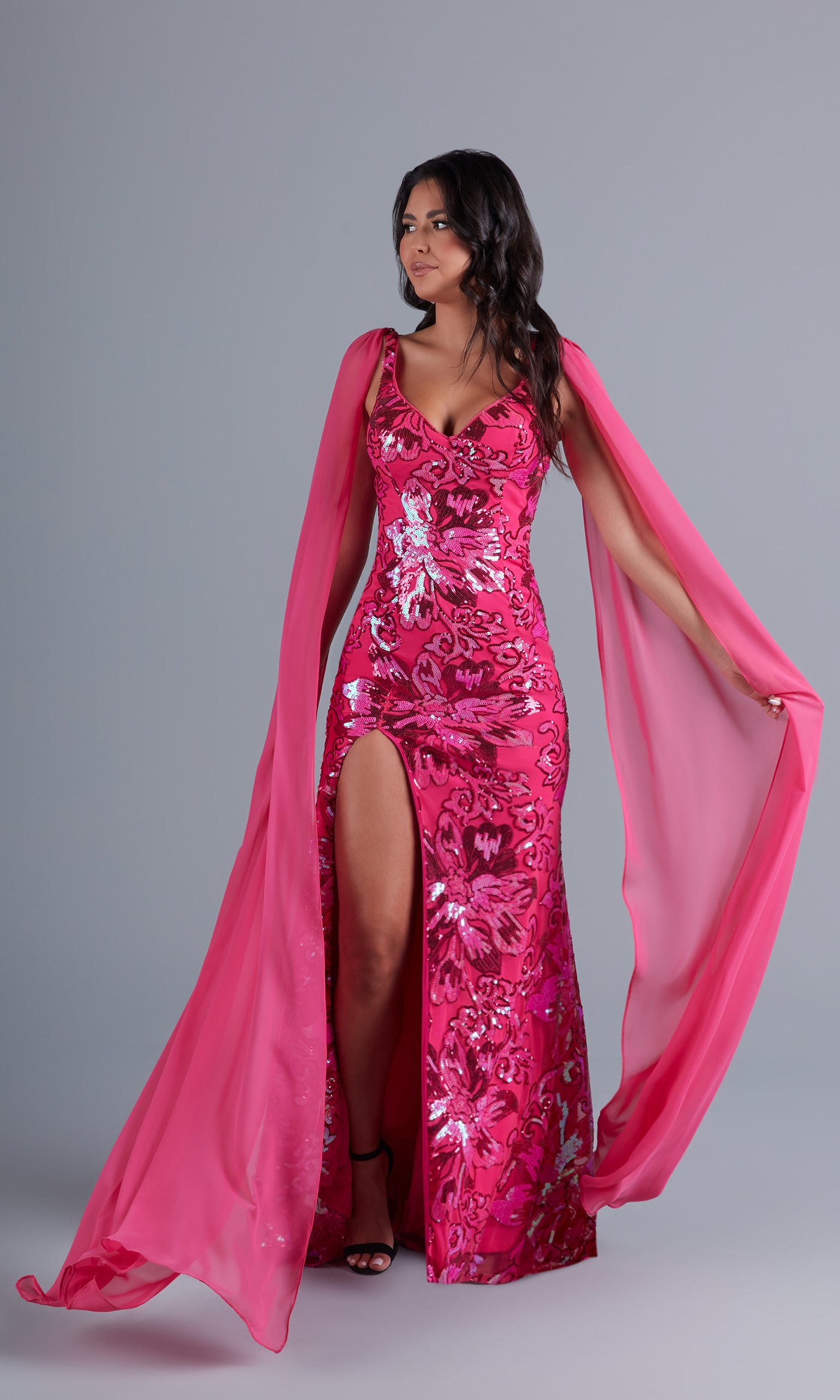 Hot Pink Long Sequin Formal Dress with Shoulder Capes
