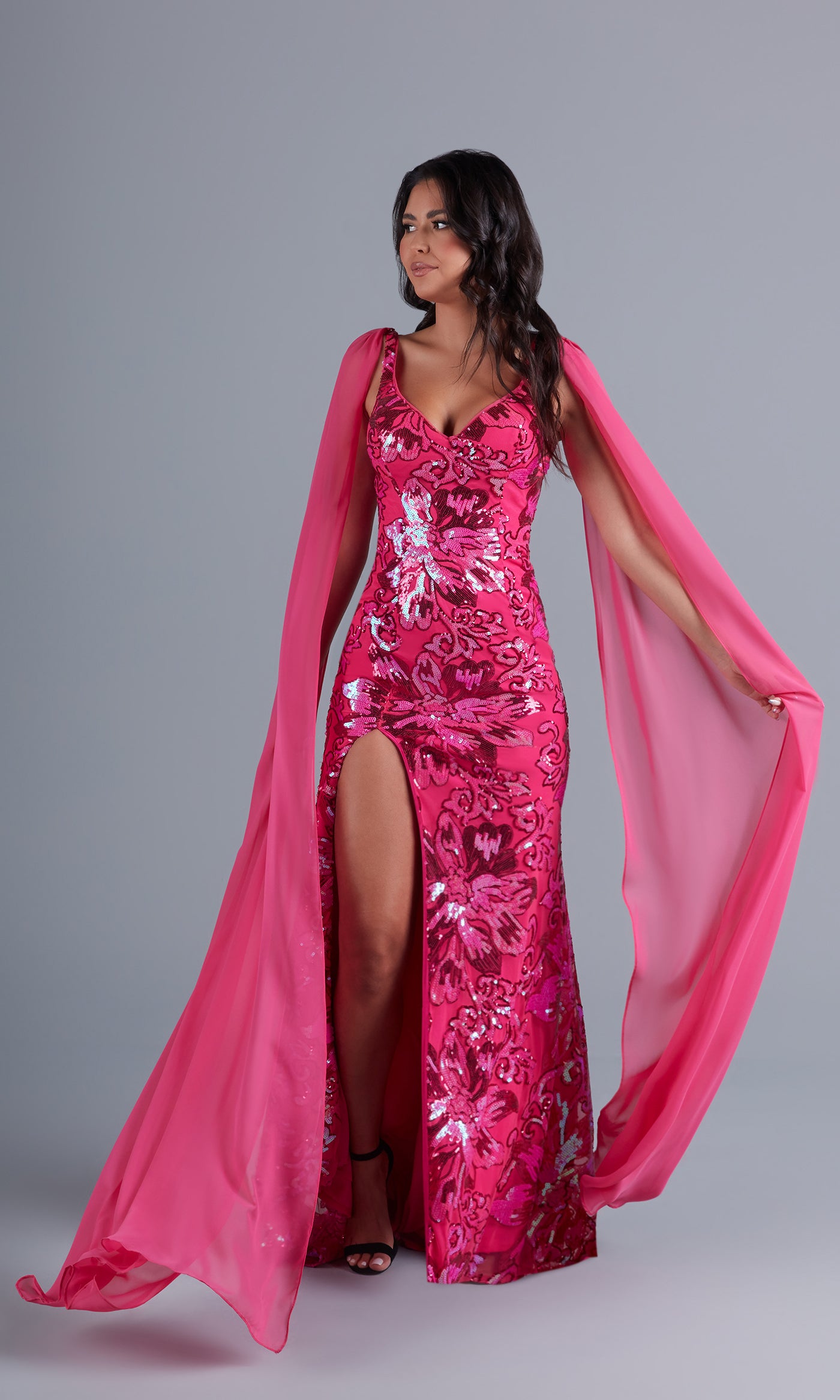 Long Sequin Formal Dress with Shoulder Capes Hot Pink / 0 Long Sequin Formal Dress with Shoulder Capes Hot Pink / 0