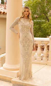  Modest Long Sleeve Beaded Long Formal Dress 12001