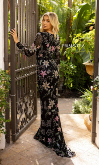  Floral-Beaded Long Sleeve Evening Gown 12007
