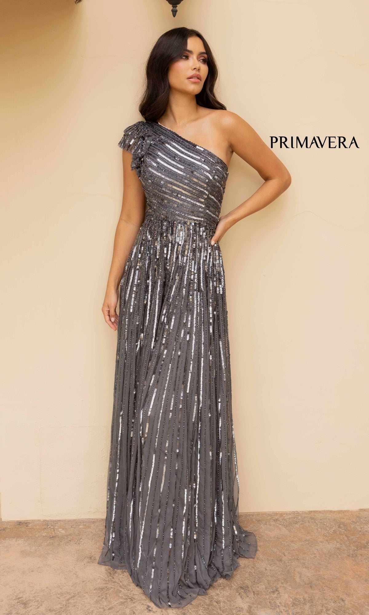 One-Shoulder Strappy Long Sequin Formal Dress Midnight / 14