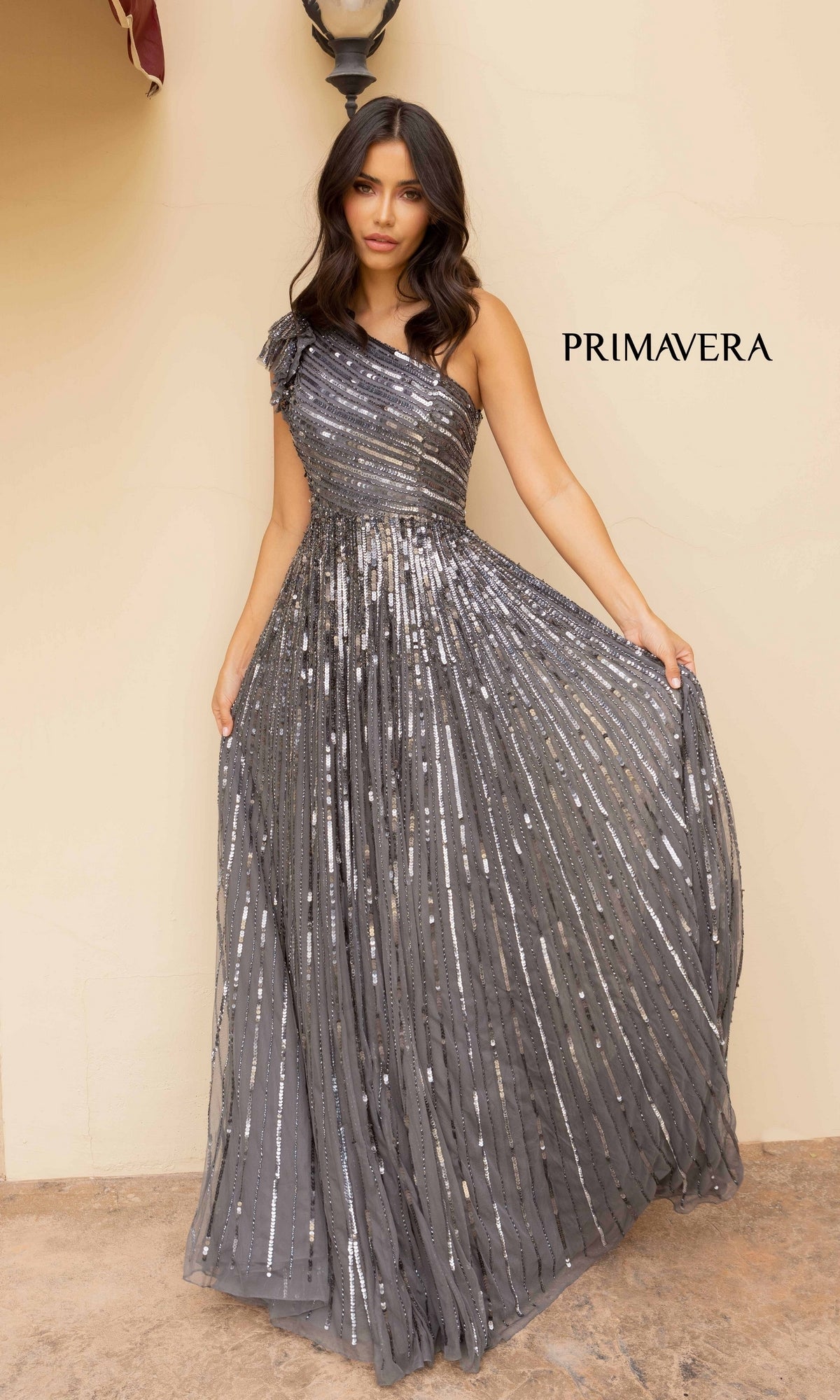 Grey Strappy One-Shoulder Long Sequin Formal Dress12009
