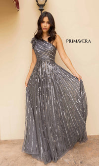 Grey Strappy One-Shoulder Long Sequin Formal Dress 12009