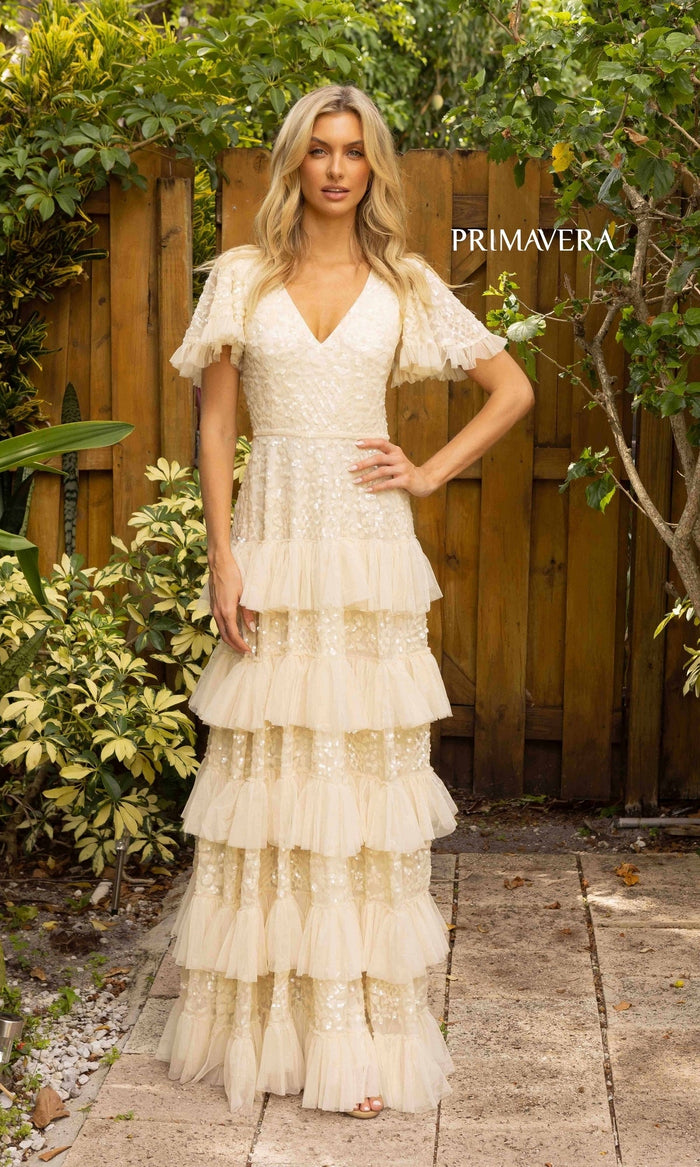 white and gold semi formal dress White High Low Prom Gown Gold Beaded Pageant Dress 67441 Viniodress
