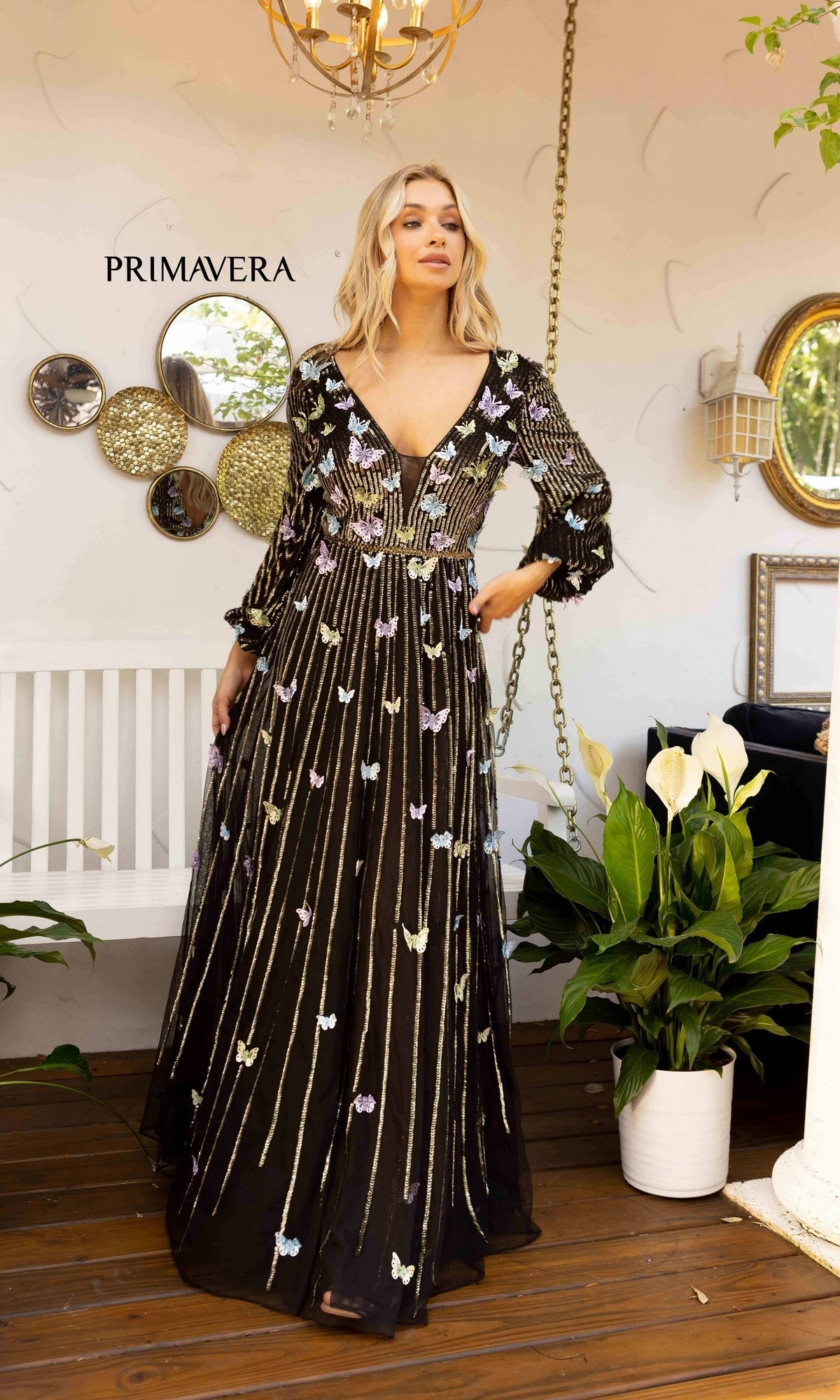 Long Sequin Butterfly Prom Dress with Long Sleeves Powder Blue / 14 Long Sequin Butterfly Prom Dress with Long Sleeves Powder Blue / 14