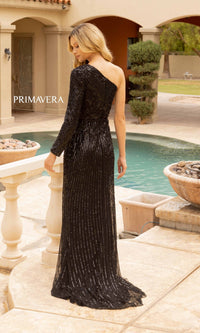 One-Long-Sleeve Long Sequin Formal Dress 12025
